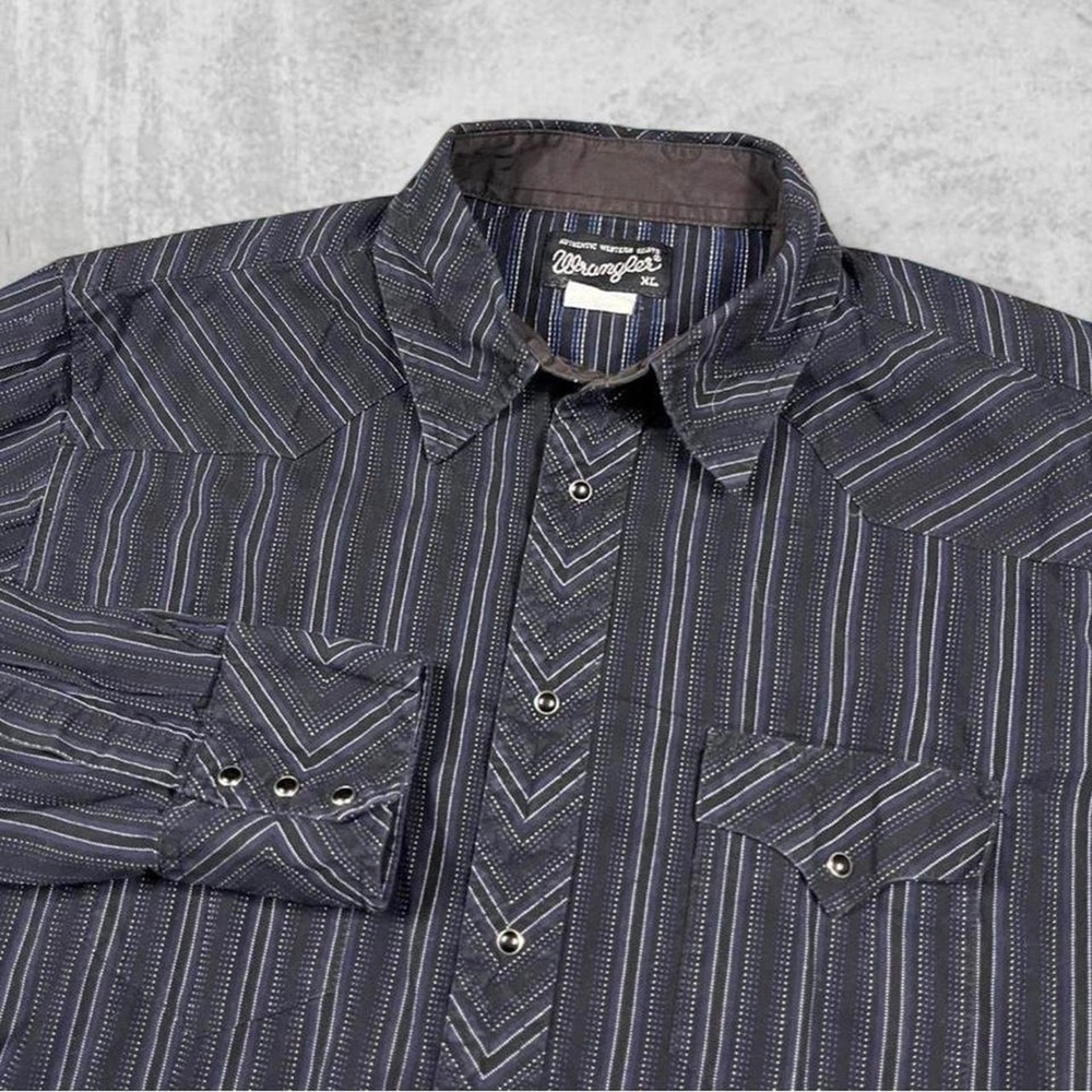 Wrangler Authentic Western Shirt Mens XL Black Blue Striped Pearl Snap LS
